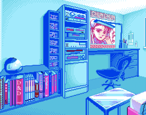 image: A pixel art bedroom, with a poster of Chun-li on the wall.